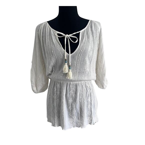 Becca Cream & White Beach Swim Coverup with Turquoise Tassel Details - XS/S - Picture 1 of 7